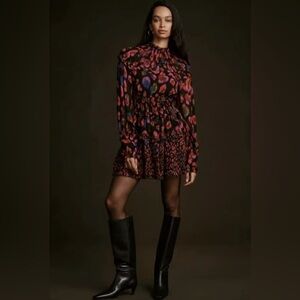 Farm Rio XS Iridescent Leopard Ruffled Mini Dress Black Pink Tiered Long Sleeve